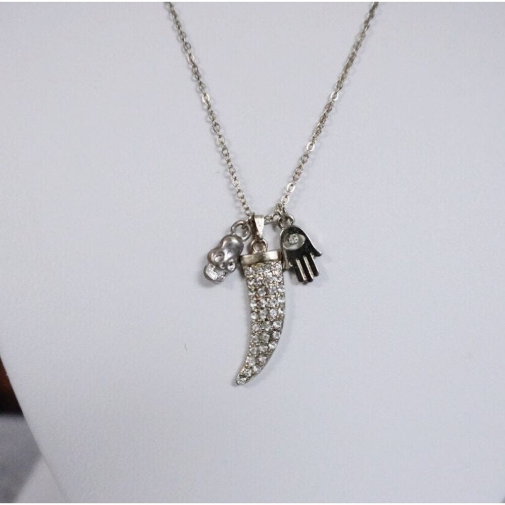 Rhinestone Horn Skull Pendant Necklace Silver Tone